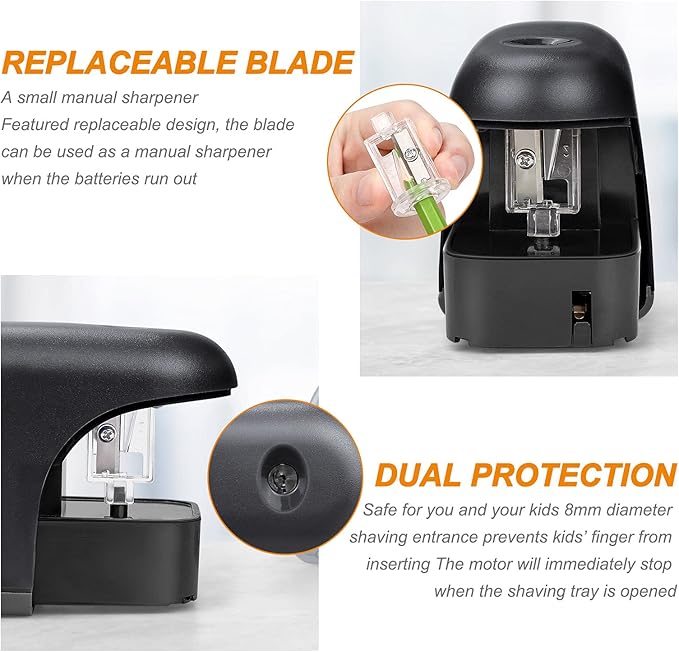 Eagle Electric Pencil Sharpener, Battery Powered Sharpener, LED Light Shinning During Sharpening, Portable, with Reusable and Replaceable Blade, Suitable for Kids, Ideal School Office Supplies (Black)
