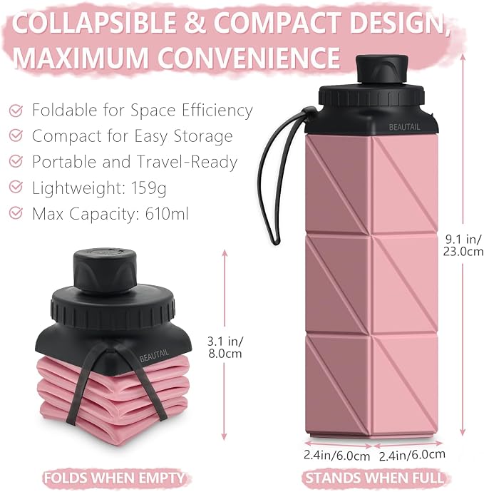 BEAUTAIL Collapsible Water Bottles 21 oz, Silicone Portable Water Bottle | BPA Free, Leakproof & Reusable, Foldable Water Bottle for Travel, Hiking, Camping, Cycling, School, Gym, 1-Pack, Pink