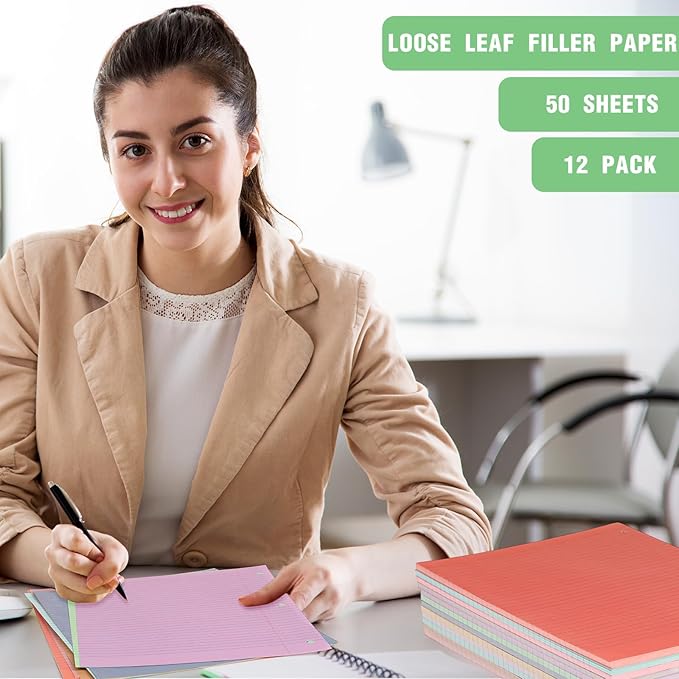 PerKoop 12 Pack 600 Sheets Colored Lined Paper Bulk College Ruled 8 x 10.5 Inches, Loose Leaf Notebook Paper 3 Hole Ring Punched Filler Back School Supplies, Line Spacing 0.7cm (Sweet Color)