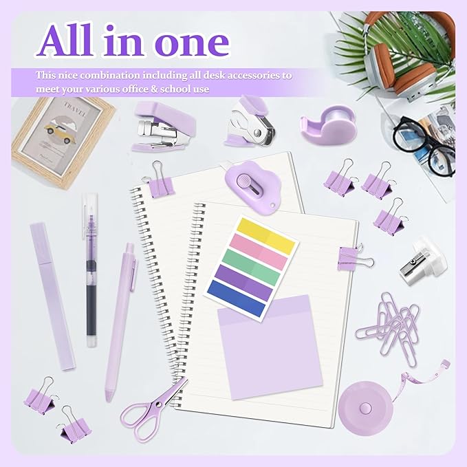 Mini Office Supply Kit, Mini Stapler with Staples and Tape Dispenser Set, Mini Stationary Kit Includes Sticky Notes Index Tabs Highlighters Gel Pens for Office & School Supplies (Purple)