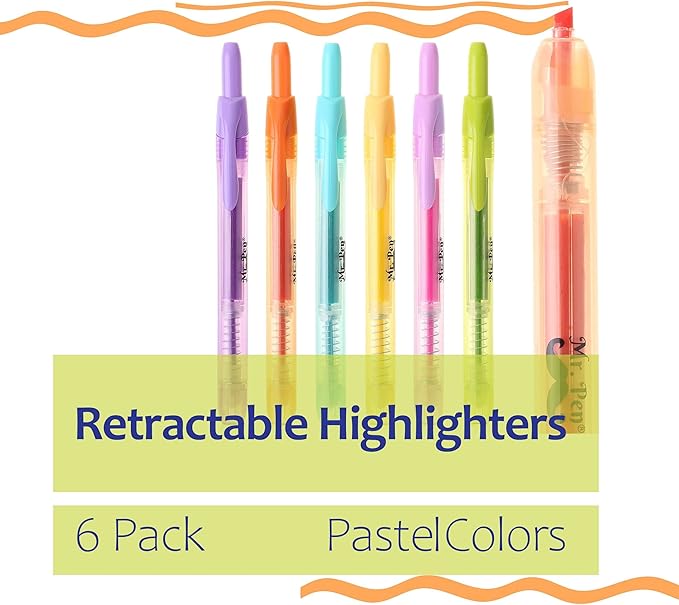Mr. Pen- Retractable Highlighters, 6 Pack, Pastel Colors, Chisel Tip Highlighter Marker Set, Click Highlighter Markers for Classroom, Journaling, Study Supplies, No Bleed On Standard Pages