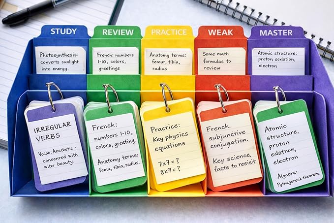 500-Page Study Flashcards with Tabs, 5-Section Color-Coded Study Card Organizer with Dividers & Metal Rings for Students, Self-Study and Exam Preparation