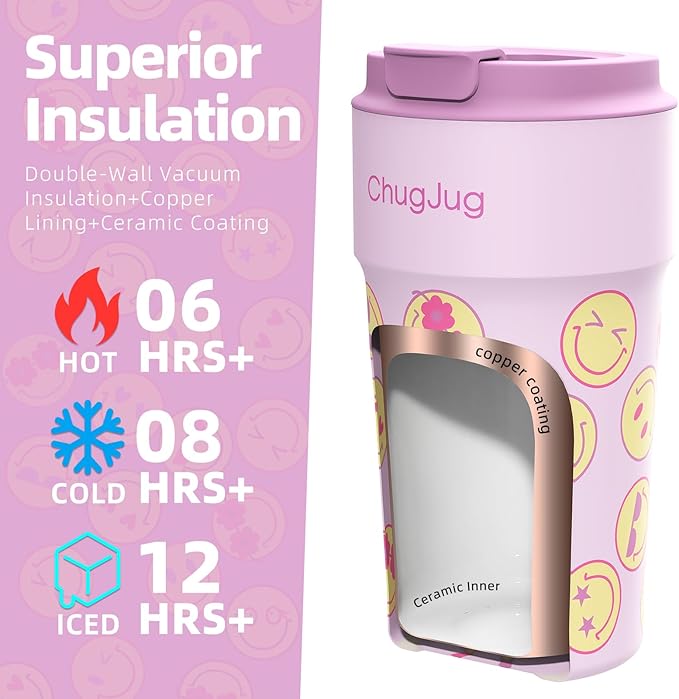 16 oz Travel Coffee Mug with Ceramic Coating, Leak-Proof Vacuum Insulated Coffee Tumbler with Lid, Reusable Double Wall Stainless Steel Travel Cup for Hot& Cold Drinks (Pink)