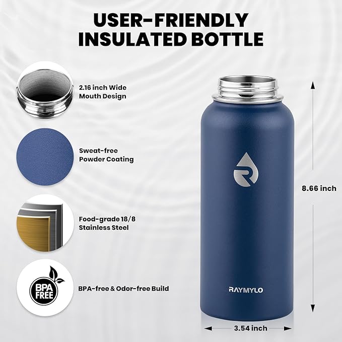 RAYMYLO Insulated Water Bottle 32 oz, Triple Wall Vacuum Stainless Steel (Cold for 24Hrs, Hot for 12Hrs), Leak Proof & Non-BPA, Modern Water Flask Jug with Paracord Handle & Straw Spout Lids