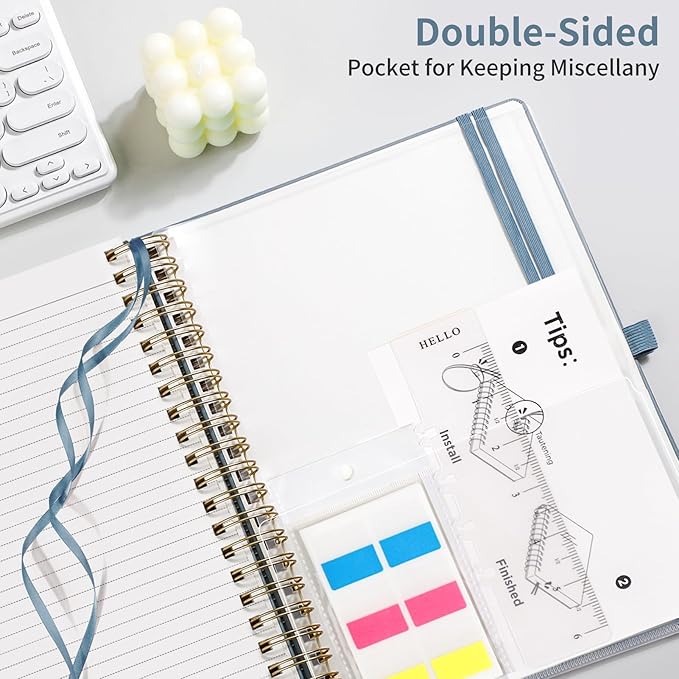 EMSHOI A4 Spiral Notebook College Ruled, Large 8.27"x11.2", Thick 300 Numbered Pages 100GSM Ink-Proof, Faux Leather Hardcover Lay-Flat Lined Journal for Work Office School Writing, Gray Blue