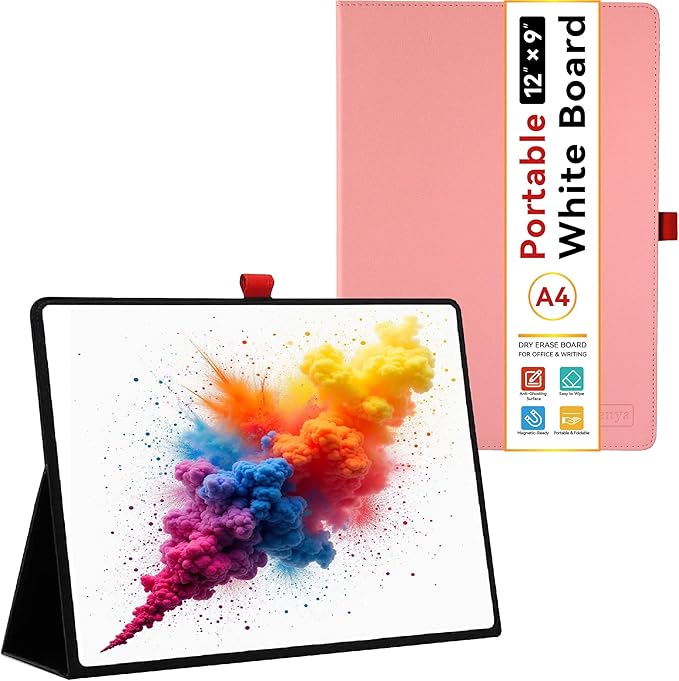 Desktop Dry Erase Board,12" X 9" Small White Board,Portable whiteboard with Stand, Marker and Eraser Wipe, A4 Notebook White Board Easel for Kids Drawing on Desk, for Students Shool (Pink)