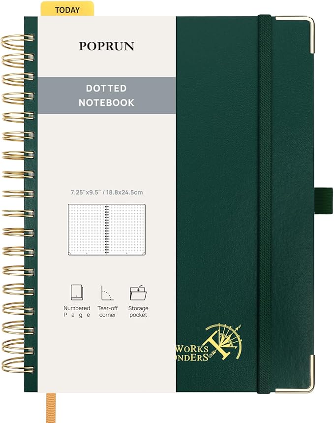 POPRUN Dotted Journal Spiral Notebook, B5-7-1/4 x 9-1/2", 220 Pages, 120 GSM Dot Grid Notebooks, Hardcover Spiral Journals for Writing Journaling Drawing Women Men Work School, Dark Green