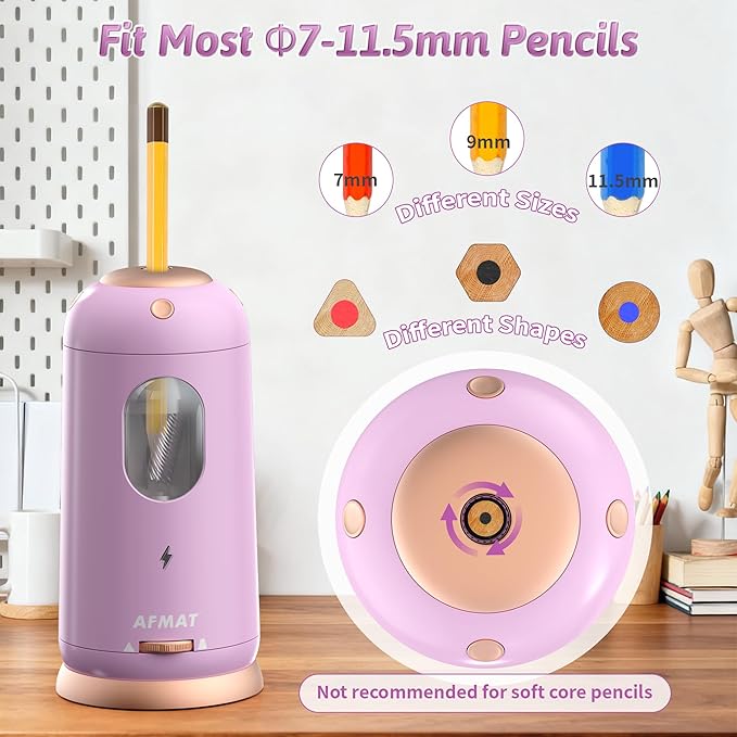 AFMAT Electric Pencil Sharpener, Auto in & Out, Fully Automatic Pencil Sharpener, Rechargeable Hands-Free Sharpeners for Jumbo & Colored Pencils (7-11.5mm), Good for Classroom/Home PSC8(Light Purple)