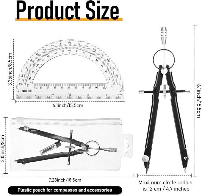 EBOOT Student Geometry Math Set, Metal Drawing Compass and 6 Inch Clear Swing Arm Protractors 180 Degree Math Protractor(Black)