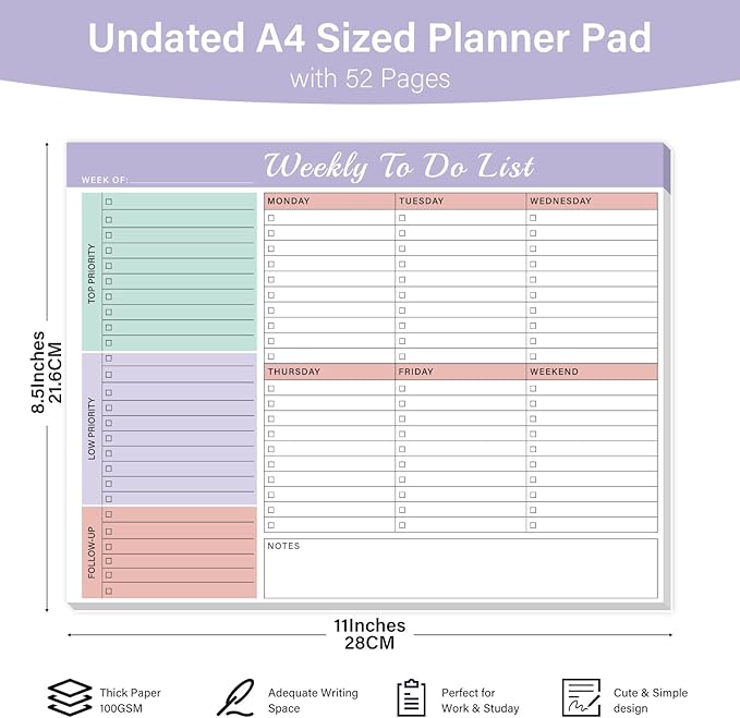 Weekly To Do List Notepad - 52 Undated Glue Bound Tear-Off Sheets (8.5"x11") for Desk Planning | Home, Work & School Organization Pad for Women & Men (Purple)