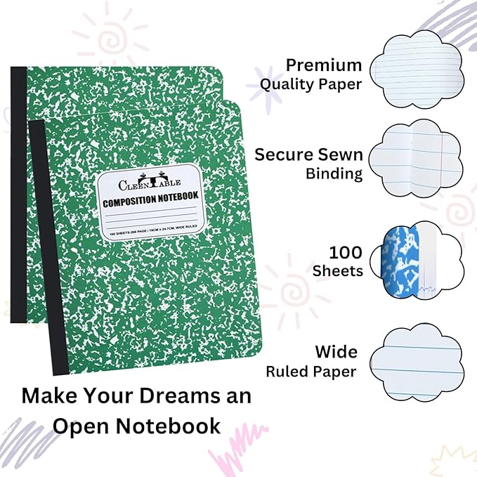 CLEENTABLE Composition Notebook 8 Pack, Wide Ruled Paper, Marble Cover Notebooks for School, 9.75 x 7.5 Inches, 100 Sheets (200 Pages), Sewn Binding Comp Books, Green