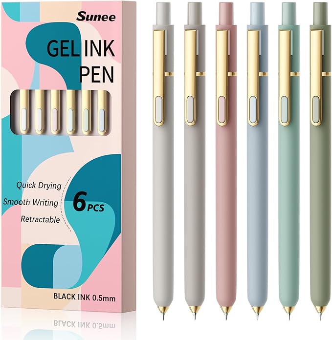 SUNEE Gel Pens, 6 Pack 0.5mm Pens Fine Point Smooth Writing Pens with Quick-Dry Black Ink, Cute Aesthetic School Office Note-Taking Pens for Journaling - Morandi