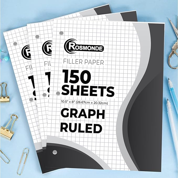 Rosmonde 6750 Sheets Graph Paper Bulk, 45 Pack, Bulk Grid Paper, 4x4, 8" x 10.5", 3 Hole Punched, Quad Ruled Sheets, Thick Graphing Paper, Fights Ink Bleed, Bulk Loose Leaf Paper, Bulk School Supplies