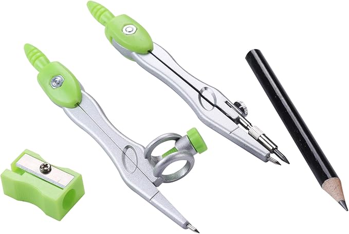 Unjoo Math Geometry Kit Sets 10 Piece Student Supplies with Shatterproof Storage Box,Includes Rulers,Protractor,Compass,Eraser,Pencil Sharpener,Lead Refills,Pencil,for Drafting and Drawings（Green）