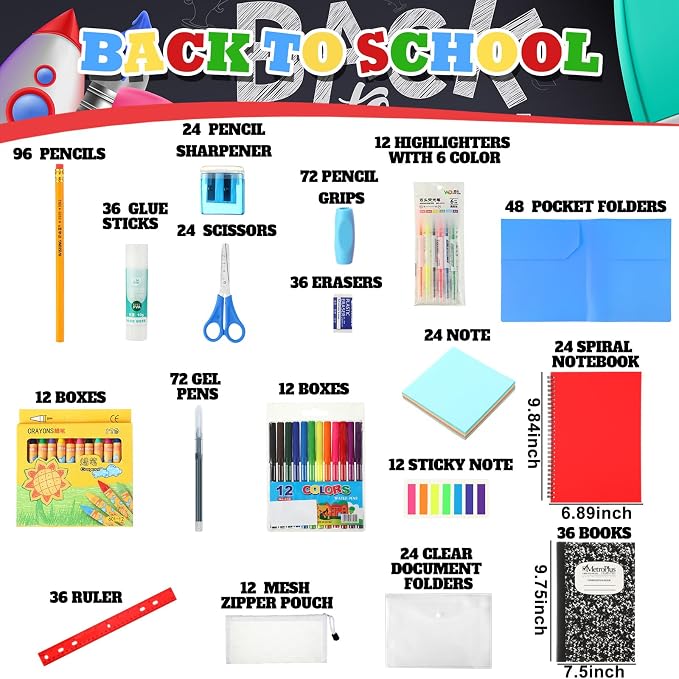 Gilprop 1056 Pcs School Supply Kit 12 Set Back to School Supplies for Students Essential Bundle Kit Include Pencil Notebook Ruler Glue Scissor Sticky Note Eraser Pencil Sharpener