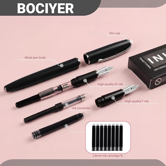 Super Smooth Writing Fountain Pen Set,Includes 2 Hand Polished Iridium Nibs(Fine & Extra Fine),8 Ink Cartridges and Gift Box,Best Pen Gift Set for School,Office(Starlight Black)