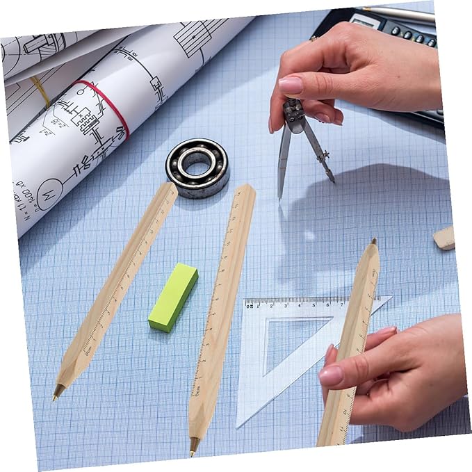 20pcs Black Wooden Ballpoint Pens with Ruler Printed Scale, Natural Biodegradable Carpenter Writing Pens for Technical Drawing and Woodwork Supplies