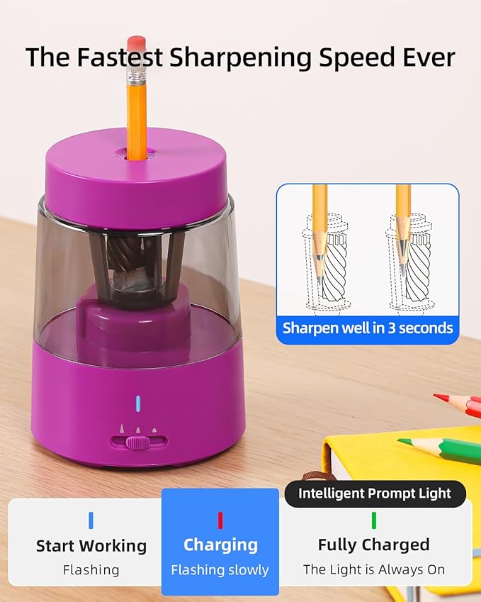 ZMOL Electric Rechargeable Pencil Sharpener, Automatic Colored Pencil Sharpener for Kids, Battery Pencil Sharpeners for Colored Pencils, Auto Stop, Suitable for No.2(6-8mm), Classroom Home Pink