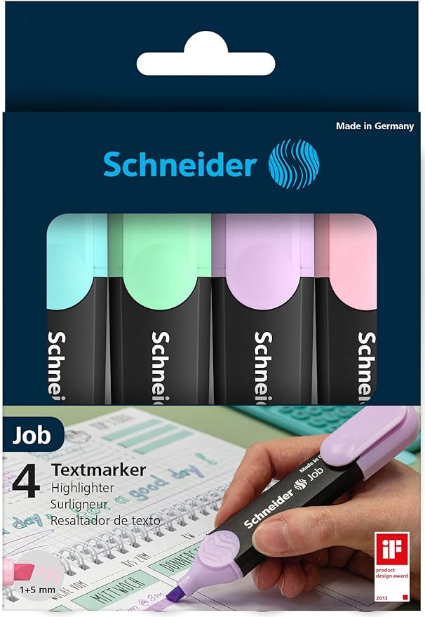 Schneider Pastel Job Highlighter Marker, Chisel Tip, Turquoise, Mint, Lavender, Light Pink, 4 Pack (115098)