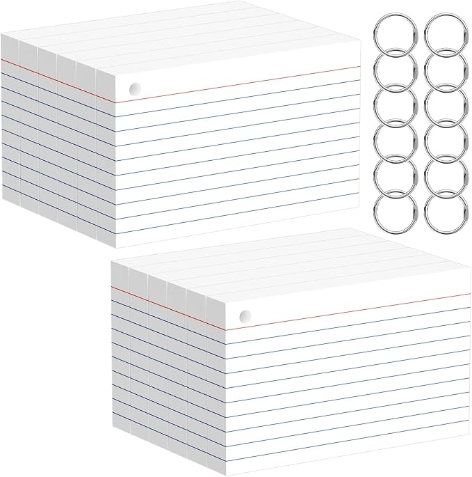 Index Cards 3x5 Inches, 600 PCS, White Flash Cards With Ring, Punched Lined Study Card Ruled Flashcards Notecards, Ruled Front And Blank Back, Note Card for School, College And Home
