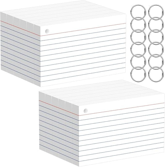 Index Cards 3x5 Inches, 600 PCS, White Flash Cards With Ring, Punched Lined Study Card Ruled Flashcards Notecards, Ruled Front And Blank Back, Note Card for School, College And Home