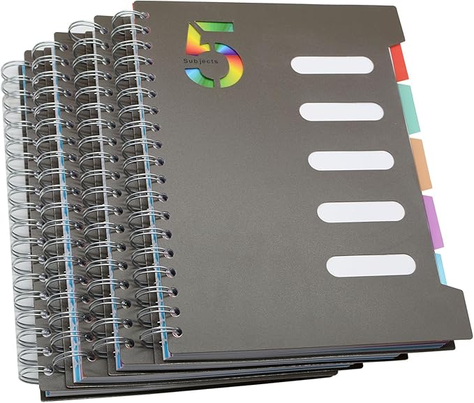 5 Subject Notebook, 4 Pcs 10 Inch x 7 Inch B5 Black Spiral Notebook With Waterproof Plastic Softcover, 300 Pages 80 Gsm College Ruled Papers With 5 Sheets Colorful Movable Dividers (4 Pcs Black)