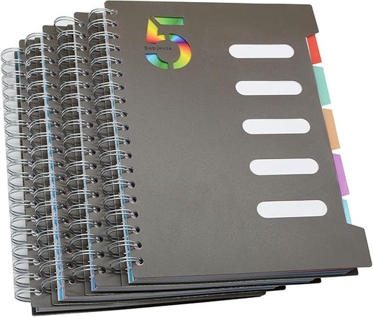 5 Subject Notebook, 4 Pcs 10 Inch x 7 Inch B5 Black Spiral Notebook With Waterproof Plastic Softcover, 300 Pages 80 Gsm College Ruled Papers With 5 Sheets Colorful Movable Dividers (4 Pcs Black)