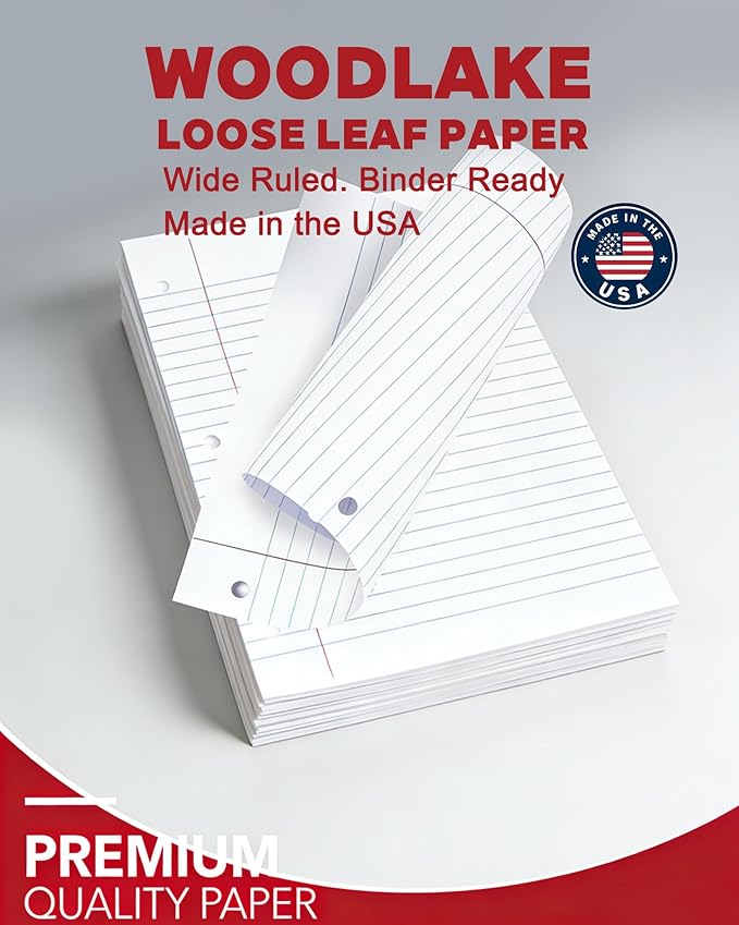 Woodlake Loose Leaf Paper, Wide Ruled Notebook Paper, 8 x 10.5”, 150 Sheets per Pack, 3 Pack Bulk Lined Filler Paper, 3 Hole Punched, 60gsm, Made in USA