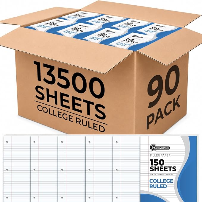Rosmonde 13500 Sheets Loose Leaf Paper Bulk, 90 Pack, College Ruled Paper