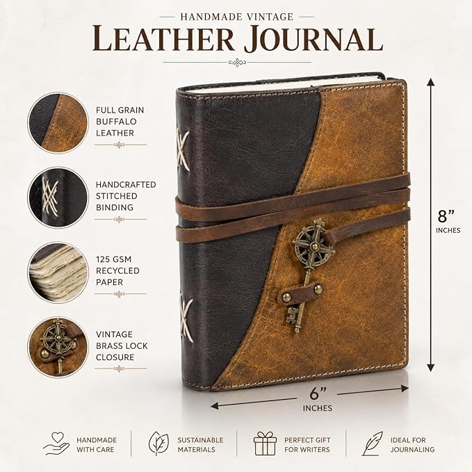 Leather Journal Notebook, 200 Handmade Recycled Cotton Paper Pages, 6X8 Leather Bound Journal for Man & Women, Vintage Key Closure
