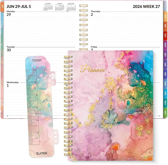 SUNEE Academic Planner 2026-2027 – Weekly & Monthly Planner, July 2026 to June 2027, 6.4"x8.3", Thick Paper, Tabs, Pockets, Bookmark, Spiral-Bound, Student Teacher Organizer, Marble