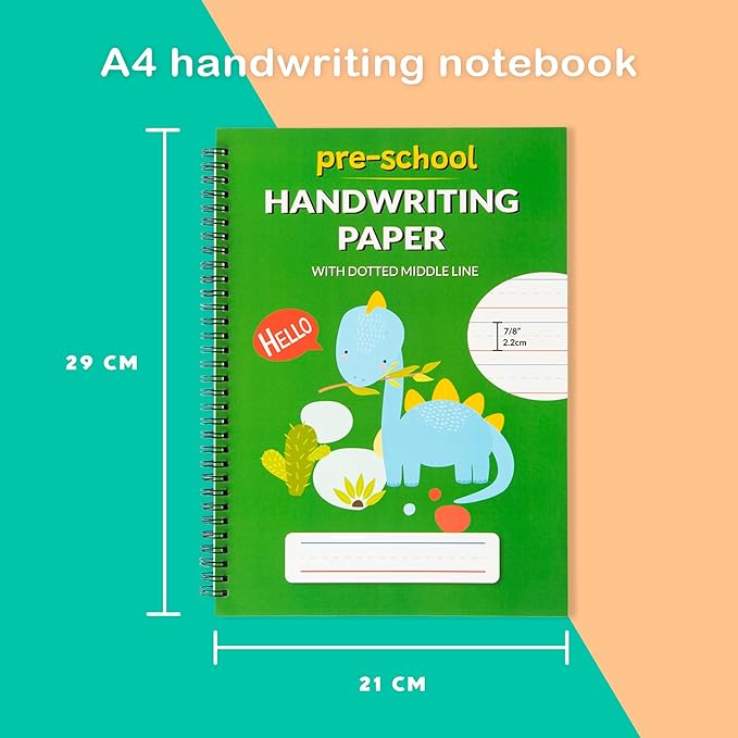 A4 Lined Handwriting Practice Notebook for Kids – Dotted Midline, Spiral Bind, Pre-K, Kindergarten, 100 Thick Pages (4, Green Dino)
