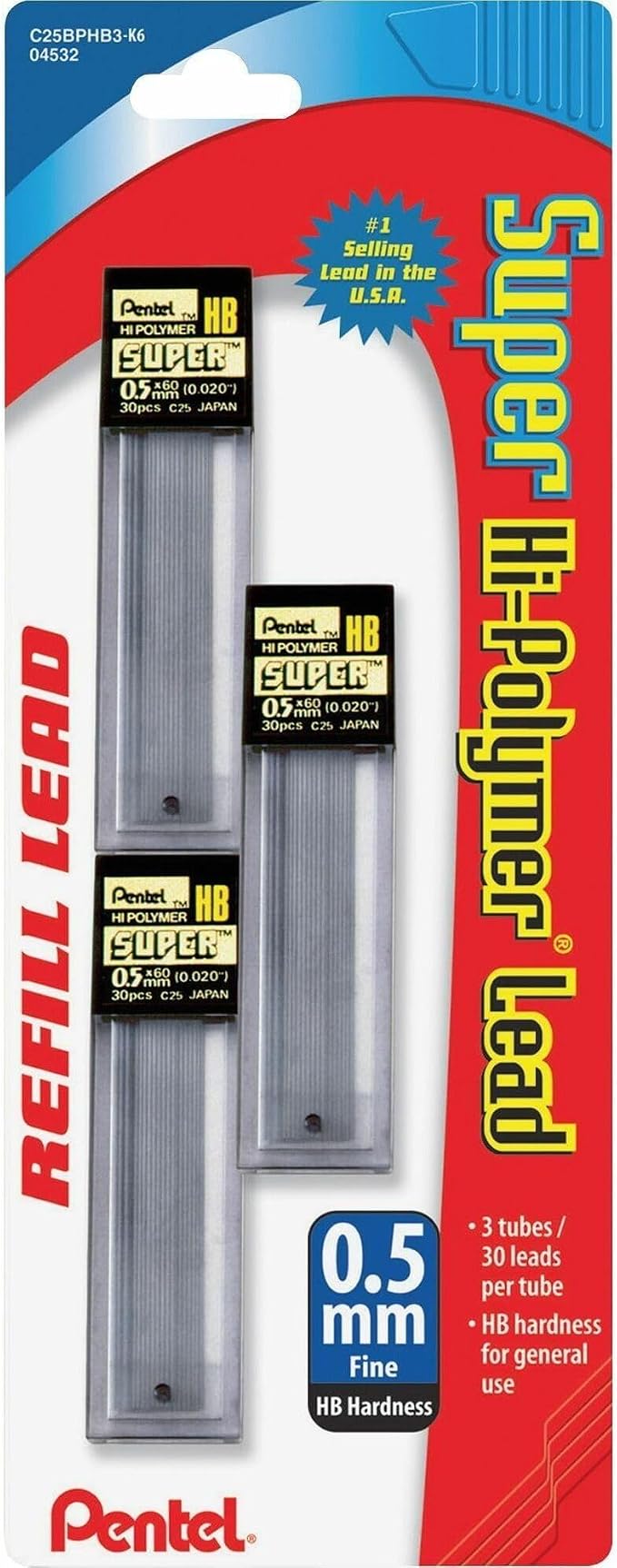 Pentel Super Hi-Polymer Lead Refills, (0.5 mm), Fine, HB, Pack of 3, 90 Pieces (C25BPHB3-K6)
