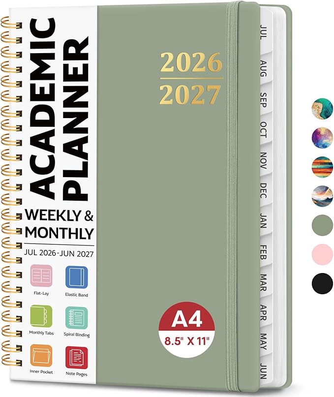 8.5" x 11" Academic Planner 2026-2027, Weekly & Monthly Calendar Planner Book, July 2026 – June 2027, Large Hardcover Organizer with Tabs, Perfect for Teachers, Students, Women & Men – A4, Green