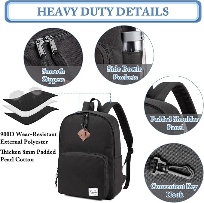 VASCHY School Backpack, Ultra Lightweight Backpack for Men Women Schoolbag Bookbag for Kids Teen Boys Girls Black