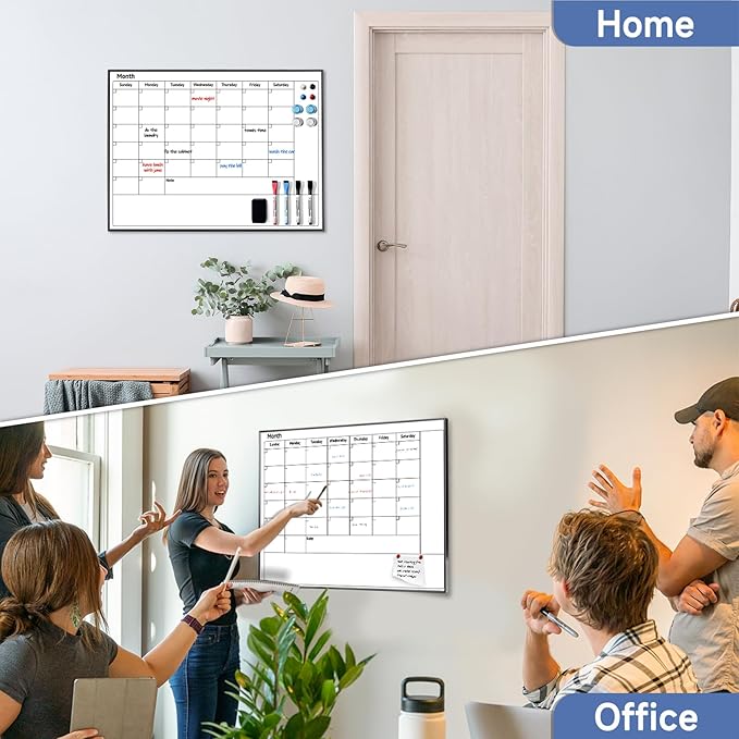 Whiteboard Calendar for Wall Hanging, 24" x 18" Magnetic Dry Erase Calendar Board with Black Aluminum Frame, Wall Mounted Large Monthly Planner Reminder for Office Home School