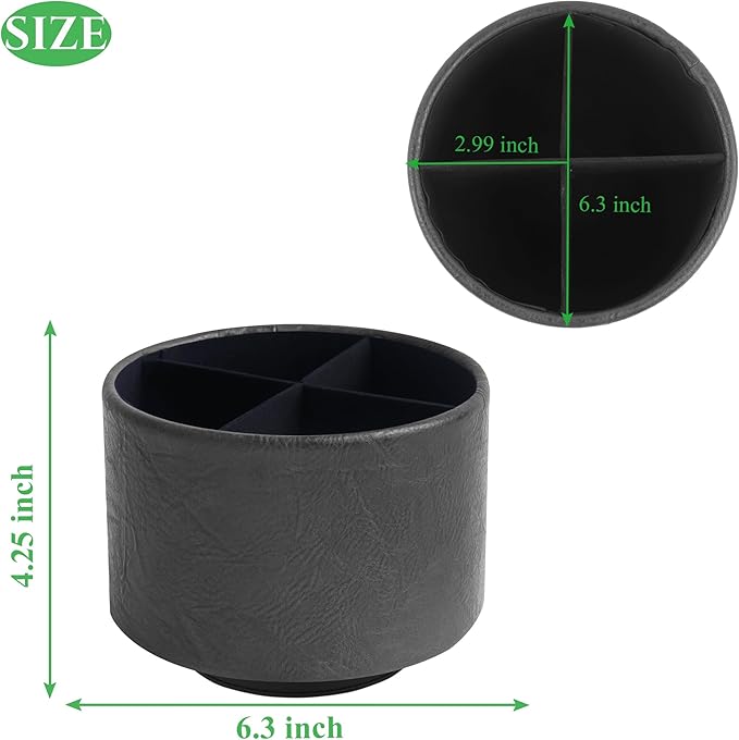 Round Leather Art Supply Organizer,Remote Control Holder,360 Degree Spinning,Multi-Functional Pencil Holder,4 Compartments Desktop Stationary Organizer(1-Crazy Black)