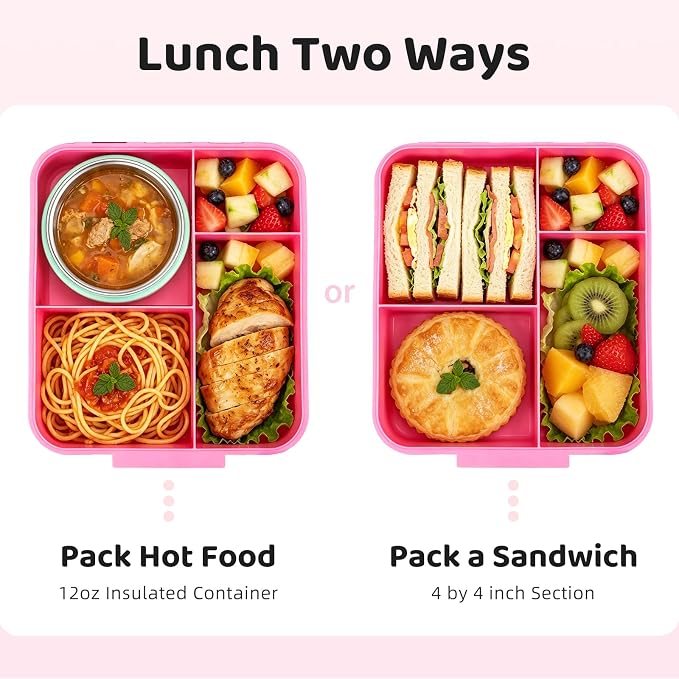 Kids Bento Lunch Box with 12oz Insulated Food Jar, 4-Compartment Lunch Box | Leak-Proof Bento Box for Hot & Cold Food, Easy-Open School Lunch Container for Toddlers Boys & Girls