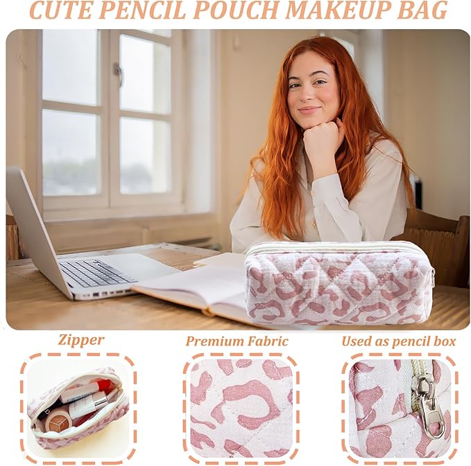 Pencil Pouch Cute Pencil Case Office Storage Bag Holder Box Organizer Aesthetic Bow Flower Pattern Makeup Pouch Cosmetic Bag for Women Girls