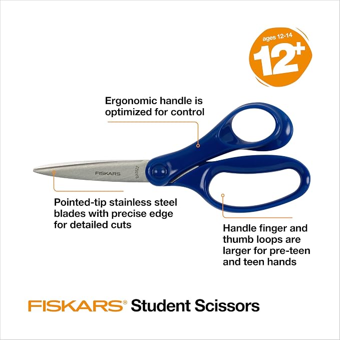 Fiskars 7" Student Scissors for Kids Ages 12-14 (3-Pack), Scissors for School or Crafting, Back to School Supplies, Purple, Blue and Turquoise
