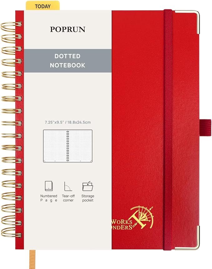 POPRUN Dotted Journal Spiral Notebook, B5-7-1/4 x 9-1/2", 220 Pages, 120 GSM Dot Grid Notebooks, Hardcover Spiral Journals for Writing Journaling Drawing Women Men Work School, Red