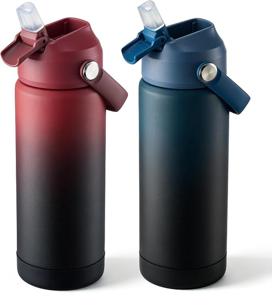 Fijinhom 18 oz Insulated Water Bottle with Straw Lid, Stainless Steel Water Bottles, Double Wall Vacuum, Portable Handle & Non-slip Bottom, BPA Free Leak Proof Metal Bottles (Red+Black/Blue, 2pack)
