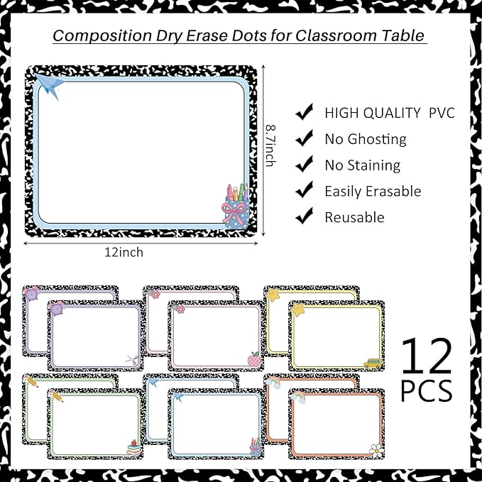 Lincia 12 Pcs Dry Erase Dots Table Stickers for Classroom Classroom Decor Composition Stickers for Whiteboard Wall Decor Removable Dry Erase Circles for School Teacher Supplies