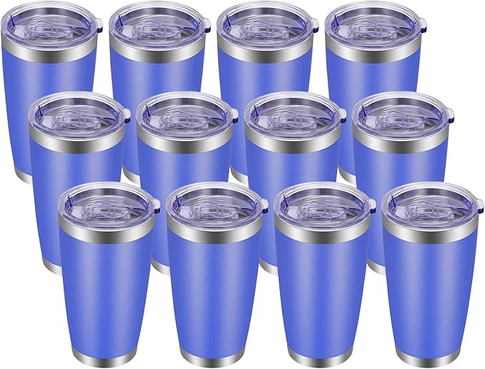 VEGOND 20oz Tumbler with Lid and Straw Stainless Steel Tumbler Cup Bulk Vacuum Insulated Double Wall Travel Coffee Mug Powder Coated Coffee Cup, Blue, 12 Pack
