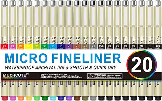 Micro Fineliner Drawing Pens 20 Set(12 Colored & 8 Black) Artist Art Supplies Adult Waterproof Watercolor Fine Line Marker Archival Ink Micron Sketch Outline Manga Anime Gift Sketching Zentangle Stuff