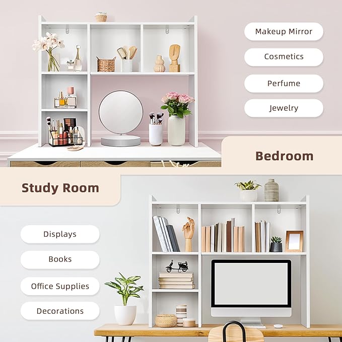 OOOK Desk Hutch, Desktop Bookshelf with 5 Shelves, Wood Desk Shelf for Computer, 3-Tier Desktop Bookshelf Organizer for Home Office Dorm, White