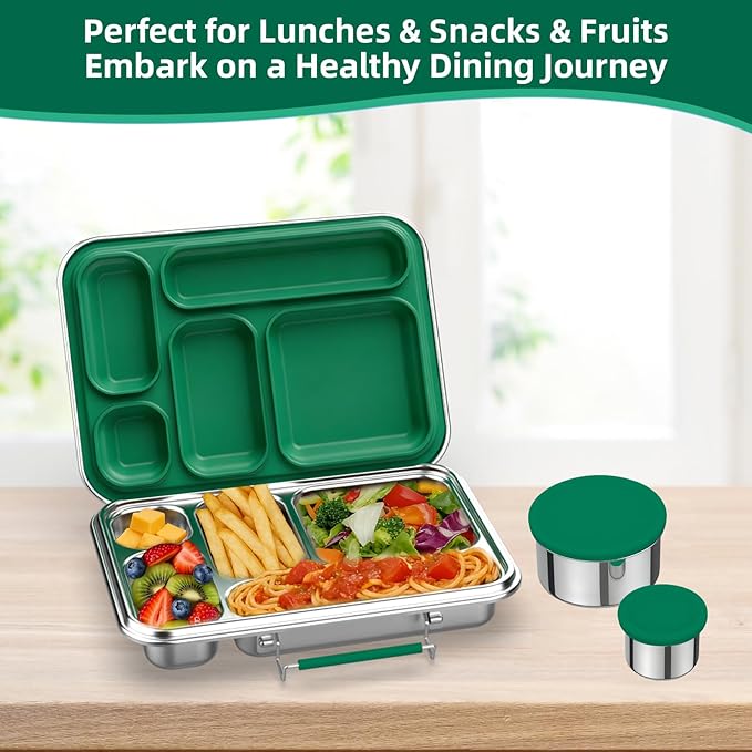 Stainless Steel Bento Box for Adults, 31.6 oz Leakproof 5-Compartment Metal Lunch Box with 2 Sauce Containers, BPA-Free Food Container for Work Office Picnic, Dishwasher Safe Green