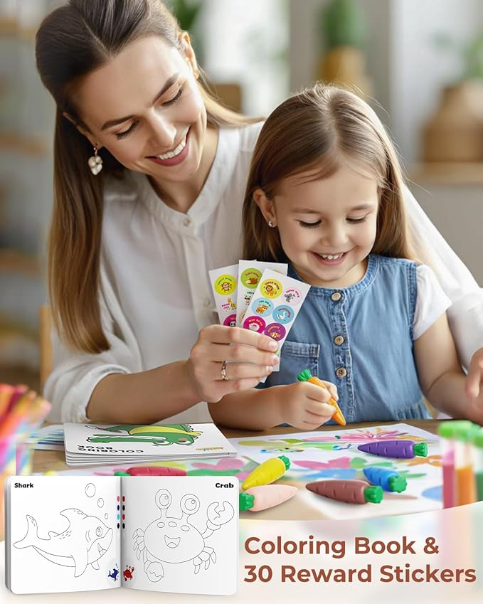 JUPITEARTH Carrot Crayons for Kids 12 Colors, Non Toxic Beeswax Crayons for Toddlers 1-3 with 30-Page Coloring Book & Stickers & 120 PDF Pages, Mess-Free Coloring for Kids Art Supplies Gift