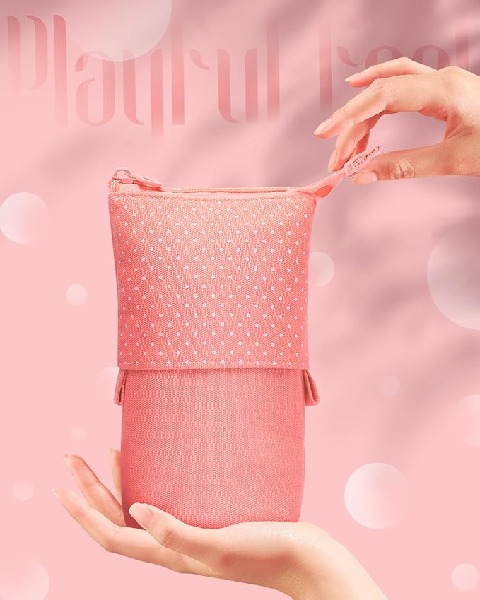 Sooez Standing Pencil Case, Cute Stand up Pencil Pouch, Telescopic Pen Pouch, Portable Pencil Holder, Kawaii Stand up Pencil Case, Spacious Pencil Pouch Bag for School Office Supplies, Pink