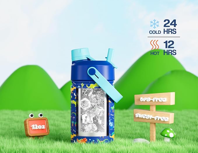 12 oz Kids Stainless Steel Water Bottle: Spill-Proof, Insulated Cup with Straw Spout Lid, BPA-Free, Car Cupholder Friendly, Durable, 24H Cold for Camping, Sports, Birthday Gift for Boys (Dinosaur-Era)